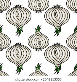 Seamless vector pattern of stylized onions with green sprouts, featuring a beige and white color scheme, perfect for culinary designs or kitchen-themed projects.