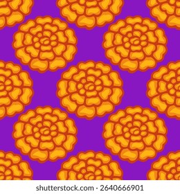 Seamless vector pattern of stylized orange marigolds on a vibrant purple background, ideal for Day of the Dead or autumnal designs.
