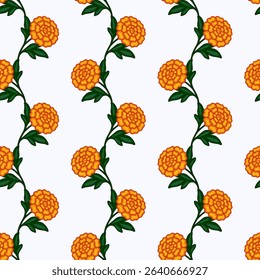 Seamless vector pattern of stylized orange marigolds on white background, creating a vibrant and elegant floral design perfect for textile prints, wallpapers, or decorative elements.