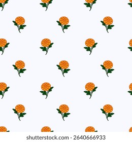 Seamless vector pattern of stylized orange marigold flowers with dark green leaves on a white background, perfect for textile prints or festive designs.