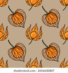 Seamless vector pattern with stylized orange physalis fruits and flowers on a beige background, creating a unique autumnal design.