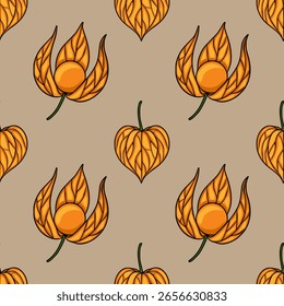 Seamless vector pattern with stylized orange physalis fruits in a repeating design on a beige background, offering a unique autumnal aesthetic.