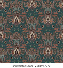 Seamless vector pattern with stylized ornamental flowers and foliage on teal background, suitable for wallpaper, fabric, wrapping and interior decoration.