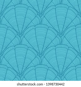 Seamless vector pattern with the stylized outline drawing of the sea shell. Blue turquoise color.