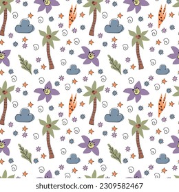 Seamless vector pattern. Stylized palm trees, flowers, tropical plants, stars, clouds on a white background. Flat style. Black outline.