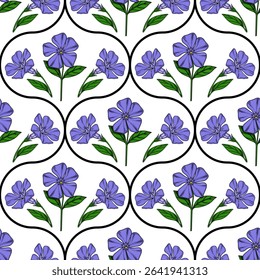 Seamless vector pattern of stylized periwinkle flowers in a unique oval frame, creating a delicate and elegant floral design.