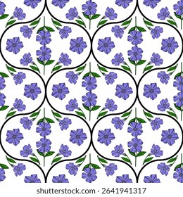 Seamless vector pattern of stylized periwinkle flowers in purple and green, arranged within a repeating black curve motif on a white background, creating a delicate and elegant design.