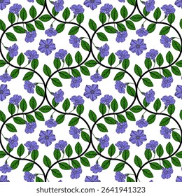 Seamless vector pattern of stylized periwinkle flowers and leaves, arranged in a repeating circular design on a white background, creating a vibrant and elegant floral texture.