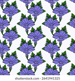 Seamless vector pattern of stylized periwinkle flowers with buds and green leaves on a white background, perfect for textile prints, wallpapers, and surface designs.