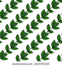 Seamless vector pattern of stylized periwinkle branches with vibrant green leaves and closed purple buds, arranged in a diagonal repeat on a white background, ideal for textile prints or wallpapers.