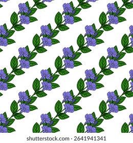 Seamless vector pattern of stylized periwinkle flowers and leaves, arranged diagonally on a white background, featuring vibrant purple blossoms and lush green foliage, perfect for textile prints or...
