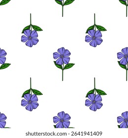 Seamless vector pattern of stylized periwinkle flowers with vibrant purple petals and green leaves, perfect for textile design or spring-themed projects.