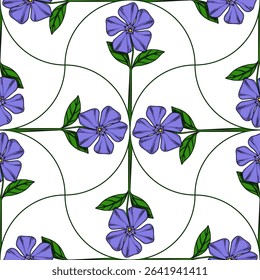 Seamless vector pattern with stylized periwinkle flowers and curved lines, creating a delicate and elegant design, perfect for textile prints or wallpapers.
