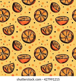 A seamless vector pattern with stylized pieces of orange and polka dot.