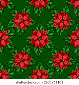 Seamless vector pattern of stylized poinsettia flowers with rich red petals and vibrant green leaves on a deep green background, perfect for festive Christmas designs.