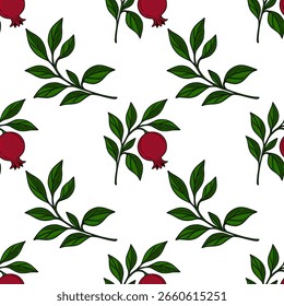 Seamless vector pattern of stylized pomegranate branches with dark green leaves and ripe red fruits, perfect for textile design or festive backgrounds.