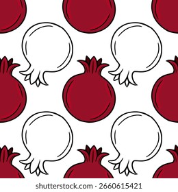 Seamless vector pattern with stylized pomegranates and white circles, creating a vibrant and playful design suitable for various applications.