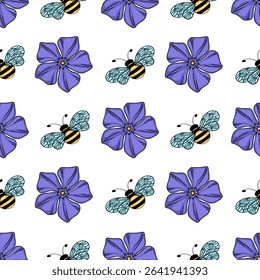 Seamless vector pattern of stylized purple flowers and cute bees, perfect for textile prints, wrapping paper, or digital design projects.