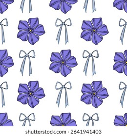 Seamless vector pattern of stylized purple periwinkle flowers and light-blue bows on white background, ideal for textile print, wrapping paper, or digital design projects.