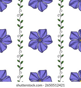 Seamless vector pattern with stylized purple flowers and green vines, creating a delicate and repeating floral design perfect for textile prints or digital backgrounds.