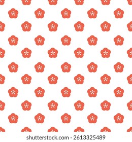 Seamless vector pattern of stylized red five-petal flowers with white centers, isolated on white background. Simple floral design for fabric or stationery.