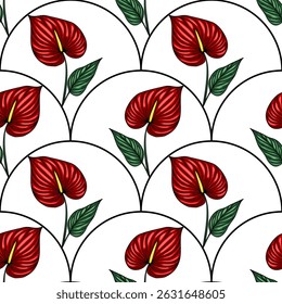 Seamless vector pattern with stylized red Anthurium flowers and green leaves arranged in a unique arc-shaped composition on a white background, creating a vibrant and elegant design.