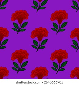 Seamless vector pattern of stylized red flowers cresta de gallo with dark green leaves on a vibrant purple background, creating a bold and festive design ideal for various applications.