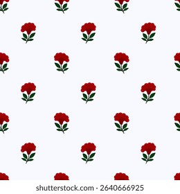 Seamless vector pattern with stylized red flowers cresta de gallo and green leaves on a white background, ideal for textile design or wrapping paper.