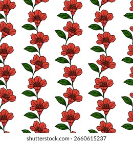 Seamless vector pattern of stylized red flowers pomegranate with green leaves, arranged in vertical stripes on a white background, creating a vibrant and elegant floral design.