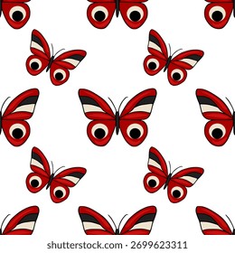 Seamless vector pattern of stylized red butterflies with black and cream wing details and prominent eye-like markings.
