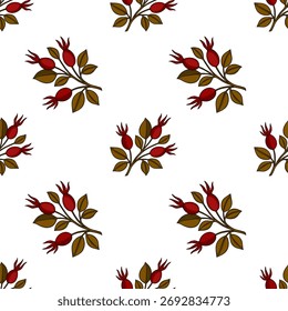 Padrão de vetor sem emenda de ramos de rosbife estilizados com bagas vermelhas e folhas marrons em um fundo branco, evocando uma sensação de outono rústico.