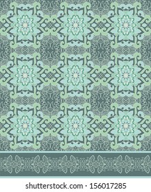 Seamless vector pattern with stylized rosettes, border ornament,  pale turquoise palette