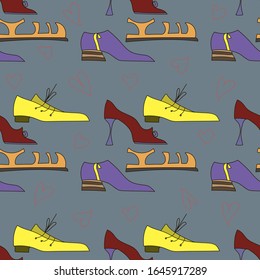 Seamless vector pattern stylized shoes in retro style. Boots, sandals, heels, flat graphics. Background for fabric, textile, paper, Wallpaper, packaging paper