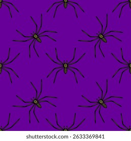 Seamless vector pattern of stylized spiders on a vibrant purple background, perfect for Halloween designs or spooky textile prints.