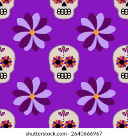 Seamless vector pattern with stylized sugar skulls and purple flowers on a vibrant purple background, perfect for Day of the Dead themed designs.