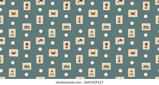 Seamless vector pattern with stylized summer travel stamps: crab, dolphin, palm, lighthouse. Background is on a separate layer