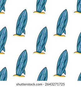 Seamless vector pattern of stylized surfboards on the sand, featuring teal and purple color scheme and a playful, summery vibe.