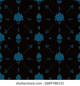 Seamless vector pattern with stylized teal folk florals on black background. Elegant and minimal, suitable for wallpaper, textiles, and home decor.