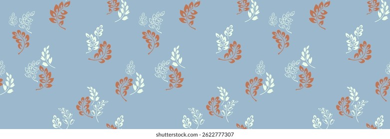 Seamless vector pattern with stylized tiny leaves on a muted blue background. Minimalist plain ornament and modern botanical design, perfect for textiles, wallpapers, stationery, branding, packaging