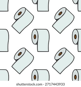 Seamless vector pattern of stylized toilet paper rolls with a light blue hue and brown centers, presented in a playful, repeating arrangement against a clean white background.