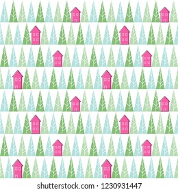 Seamless vector pattern with stylized trees and houses.