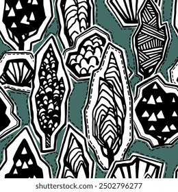 
Seamless vector pattern with stylized trees and bushes on a gray-green background.