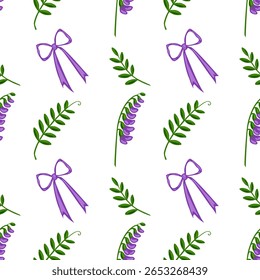 Seamless vector pattern with stylized tufted vetch flowers, green leaves, and purple bows on a white background, creating a charming and delicate floral design.