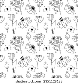 Seamless vector pattern. Stylized tulips, daisies, dahlias, echinacea in doodle style on a white background. Black outline. Design for wrapping paper.