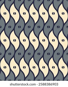 Seamless vector pattern with stylized vertically waves and yin yang elements. Abstract geometric background