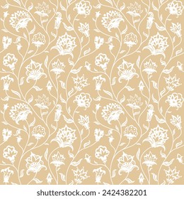 
Seamless vector pattern, stylized white flowers and thin curved stems on a light beige background.