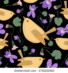 
Seamless vector pattern with stylized yellow birds, violets and lungwort. Printing on fabric and wallpaper. Cover for notebook
