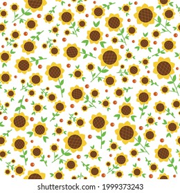 Seamless vector pattern with stylized yellow sunflowers and red berries on White Background