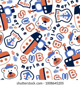 seamless vector pattern of submarine cartoon with funny bear sailor, sailor element illustration