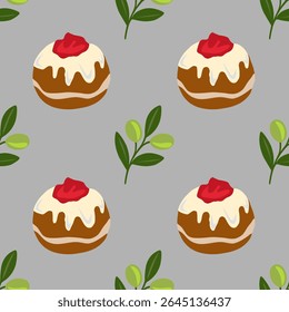 Padrão de vetor contínuo de Sufganiyot, rosquinhas tradicionais de Chanucá, com ramos de azeitona, perfeito para fundos festivos e projetos de férias.